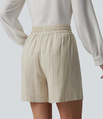 High Waisted Drawstring Stripes Linen Work Baggy Shorts with Pockets