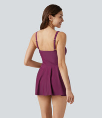 Deep V Neck Sleeveless Built-in Bra Tummy Control 2-in-1 One-Piece Swimsuit