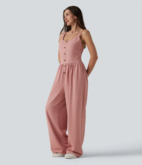 U-Neck Sleeveless Shirred Decorative Buttons Waffle Casual Wide Leg Jumpsuit with Pockets-Easy Peezy