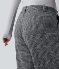 Plus Size High Waisted Wide Leg Houndstooth Plaid Casual Pants with Pockets