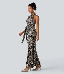 Halter Sleeveless Belted Leopard Party Jumpsuit with Pockets