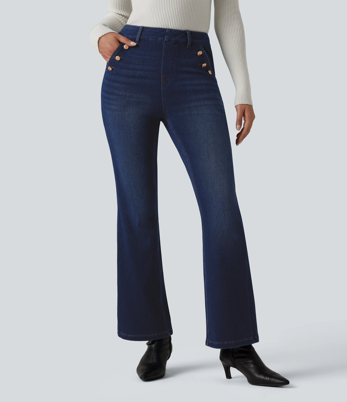 Halara Flex™ Mid Rise Decorative Buttons Casual Bootcut Jeans with Pockets