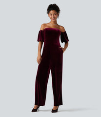 Tube Puff Sleeve Split Velvet Party Jumpsuit-Easy Peezy