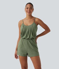 U-Neck Adjustable Straps Pleated Built-in Bra Casual Romper with Pockets-Easy Peezy