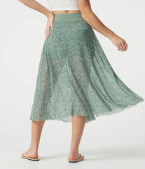 High Waisted Drawstring Leopard Print Contrast Mesh 2-in-1 Flowy Midi Flare Resort Skirt with Pockets