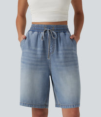 High Waisted Drawstring Denim Casual Bermuda Shorts 9'' with Pockets