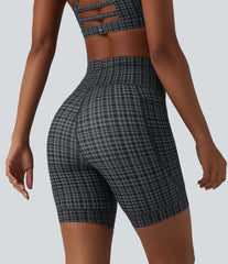 Halara UltraSculpt™ Check Plaid Print High Waisted Drawstring Yoga Biker Shorts 7'' with Pockets