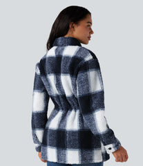 Long Sleeve Inner Drawstring Plaid Casual Sherpa Jacket with Pockets