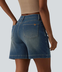 Halara Flex™ Mid Rise Rolled Hem Washed Denim Casual Baggy Bermuda Shorts with Pockets