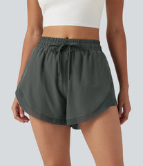 Mid Rise Drawstring Curved Hem Contrast Mesh 2-in-1 Running Shorts 3'' with Pockets