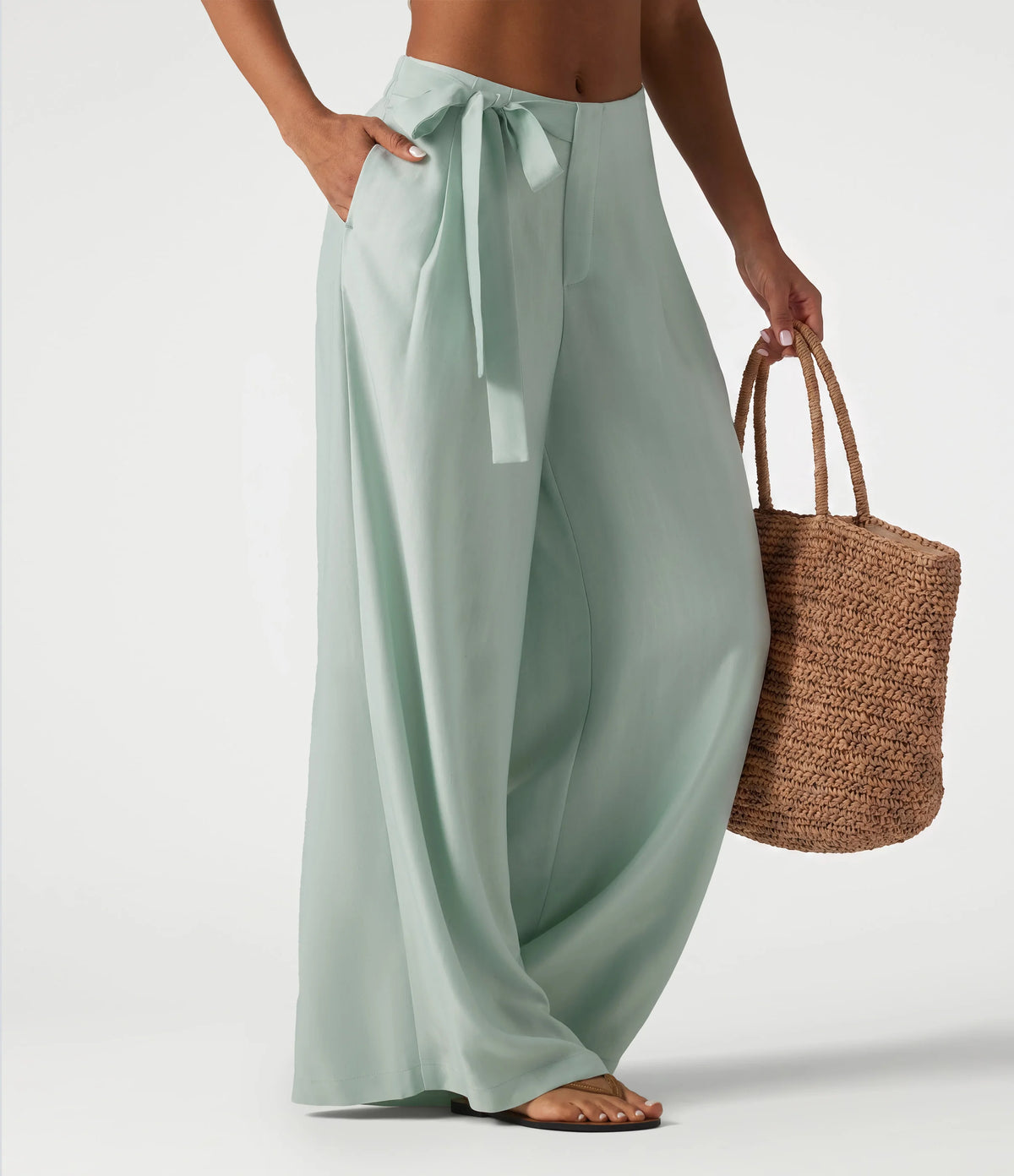 High Waisted Tie Side Baggy Linen-Blend Pants with Pockets