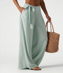High Waisted Tie Side Baggy Linen-Blend Pants with Pockets