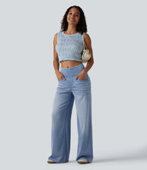 Halara Flex™ Mid Rise Draped Lyocell Washed Casual Baggy Wide Leg Jeans with Pockets