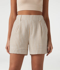 High Waisted Stripe Casual Linen-Feel Shorts with Pockets