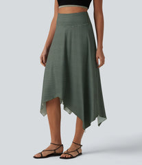 High Waisted Hanky Hem Stripe Flowy Midi Casual Skirt