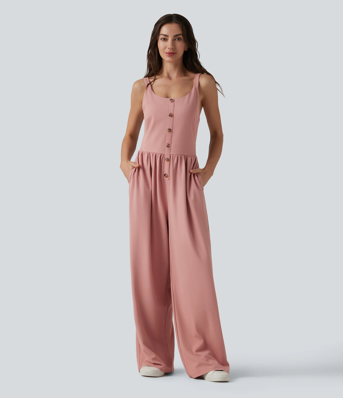 U-Neck Sleeveless Shirred Decorative Buttons Waffle Casual Wide Leg Jumpsuit with Pockets-Easy Peezy