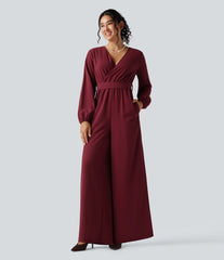 V-neck Puff Long Sleeve Belted Wide Leg Party Jumpsuit with Pockets