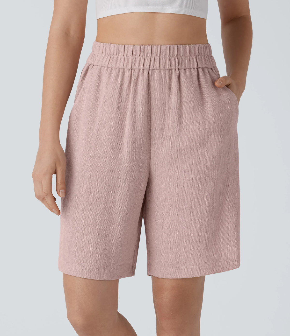 High Waisted Pocket Casual Linen-Feel Bermuda Shorts