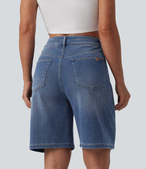 Halara Flex™ Asymmetric High Waisted Washed Denim Casual Bermuda Shorts 9'' with Pockets
