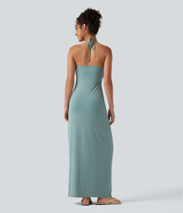 Halter Tie Back Built-in Bra Maxi Dress with Pockets