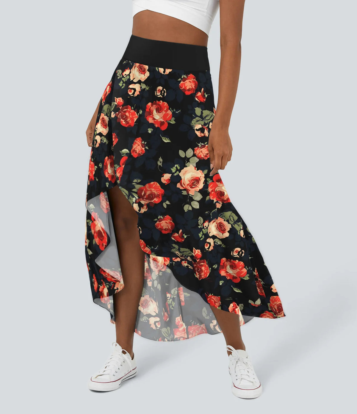 High Waisted High Low Ruffle 2-in-1 Floral Print Flowy Casual Regular Maxi Skirt
