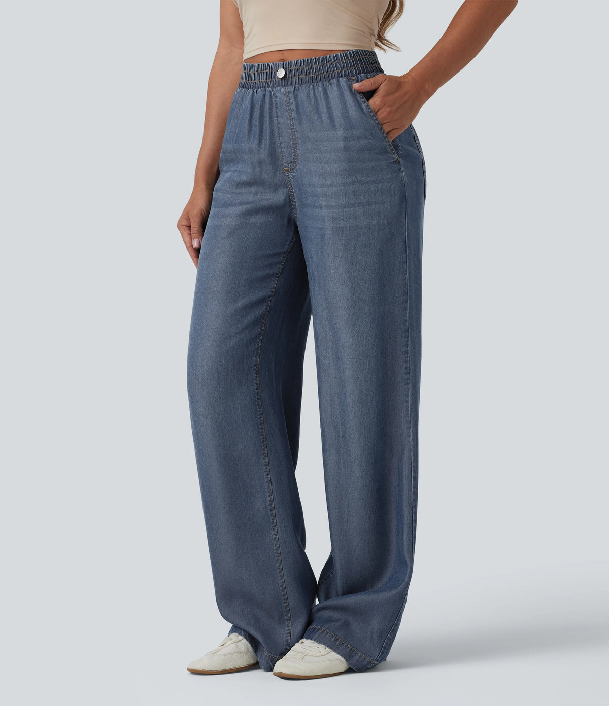 Mid Rise Draped Casual Straight Leg Jeans with Pockets