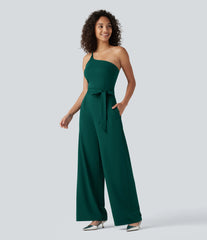 One Shoulder Sleeveless Belted Built-in Bra Party Jumpsuit with Pockets- Easy Peezy