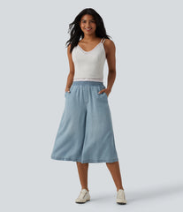 High Waisted Wide Leg Capri Casual Jeans with Pockets