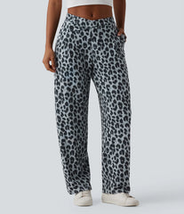 Asymmetric Mid Rise Barrel Leg Leopard Print Waffle Work Pants with Pockets