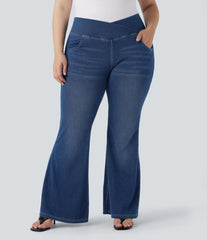Plus Size Halara Flex™ High Waisted Crossover Washed Casual Flare Jeans with Pockets
