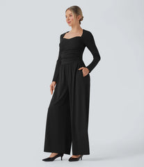 Sweetheart Neck Long Sleeve Ruched Casual Jumpsuit with Pockets-Easy Peezy Edition