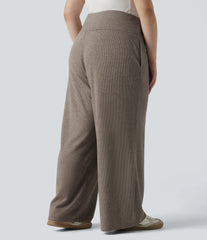 Plus Size Ribbed Knit High Waisted Tummy Control Drawstring Wide Leg Casual Pants with Pockets