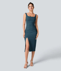 SoftlyZero™ Airy Square Neck Backless Corset Ruched Split Bodycon Midi InstantCool Bridesmaid and Wedding Guest Dress