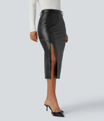High Waisted Tummy Control 2-in-1 Midi Casual PU Leather Skirt