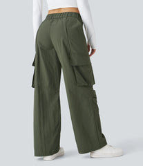 Mid Rise Button Zipper Side Pocket Wide Leg Baggy Casual Cargo Pants