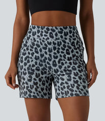 High Waisted Leopard Waffle Casual Baggy Shorts 5'' with Pockets