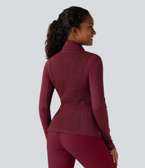 Stand Collar Long Sleeve Thumb Holes Shirred Workout Padded Jacket with Pockets