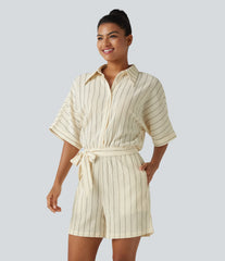 Collar Batwing Sleeve Tie Stripes Casual Romper with Pockets-Easy Peezy