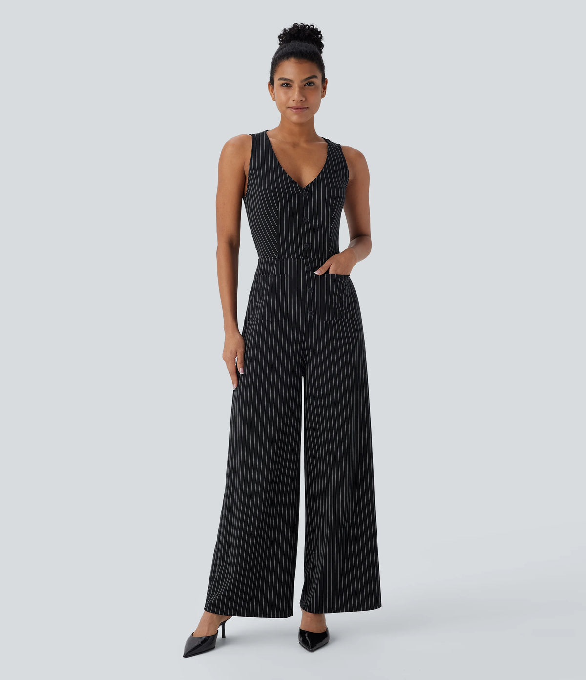 V Neck Sleeveless Cut Out Pockets Wide Leg Stripe InstantCool Work Jumpsuit