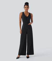 V Neck Sleeveless Cut Out Pockets Wide Leg Stripe InstantCool Work Jumpsuit