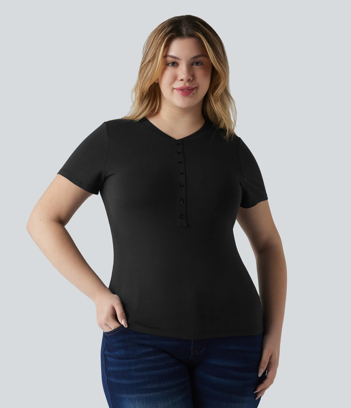 Halara Cotton Jersey Henley Short Sleeve Ultra-slim Casual Plus Size T-Shirt