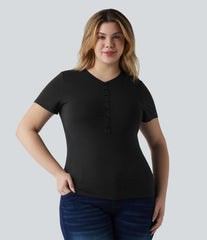 Halara Cotton Jersey Henley Short Sleeve Ultra-slim Casual Plus Size T-Shirt