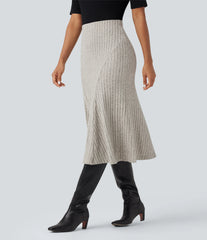 Ribbed Knit High-waisted Midi Casual A-line Skirt