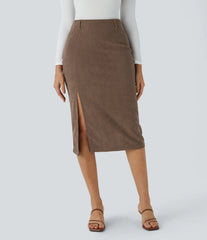 High Waisted Hem Midi Corduroy Casual Skirt