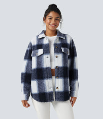 Collar Long Sleeve Curved Hem Casual Shacket Sherpa Jacket with Pockets