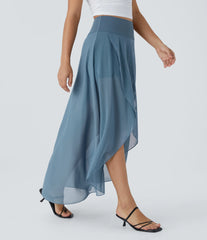 High Waisted High Low Ruffle 2-in-1 Pocket Flare Mesh Casual Regular Maxi Skirt