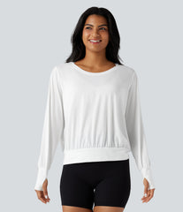 Scoop Neck Long Sleeve Thumb Holes Quick Dry Yoga Sports Top