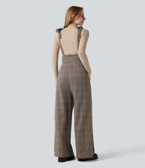 Tie Side Wide Leg Houndstooth Plaid Work Overalls with Pockets