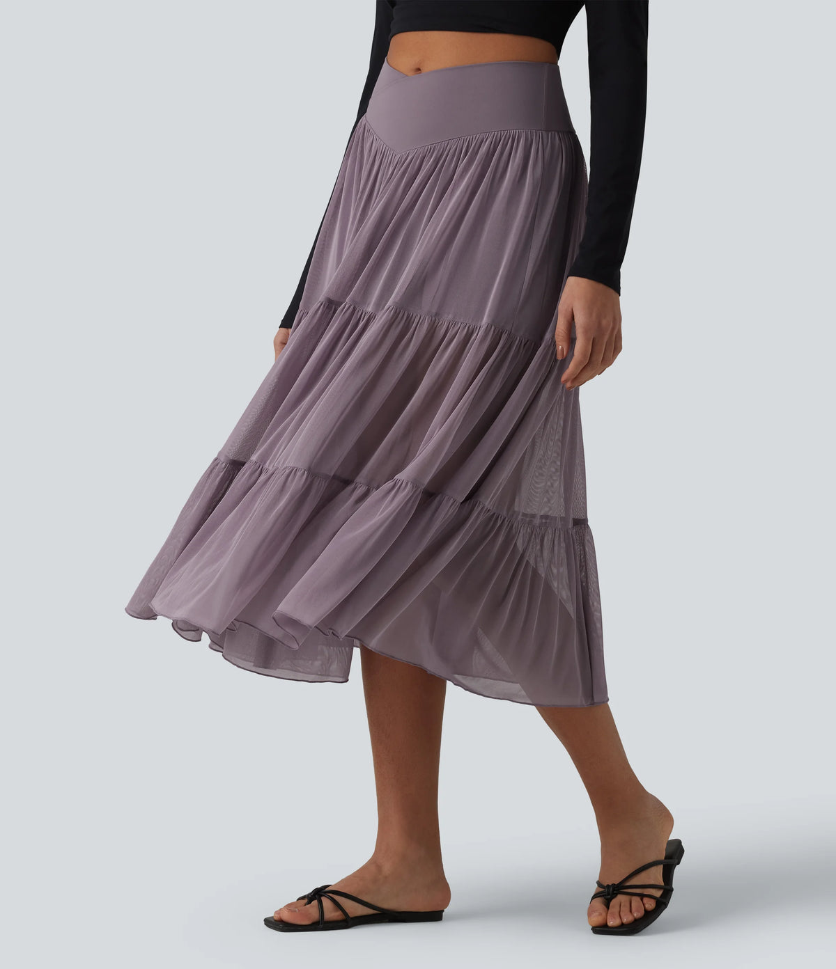 Crossover High Waisted 2-in-1 Breathable Mesh Midi Flowy Casual Tiered Skirt with Pockets