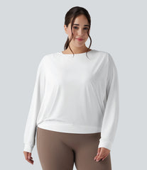 Round Neck Long Sleeve Ruched Yoga Plus Size Sports Top-UPF50+
